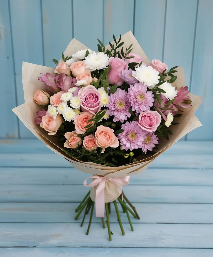 Букет цветов из: Хризантемы, Розы и Альстромерии в Янино 1