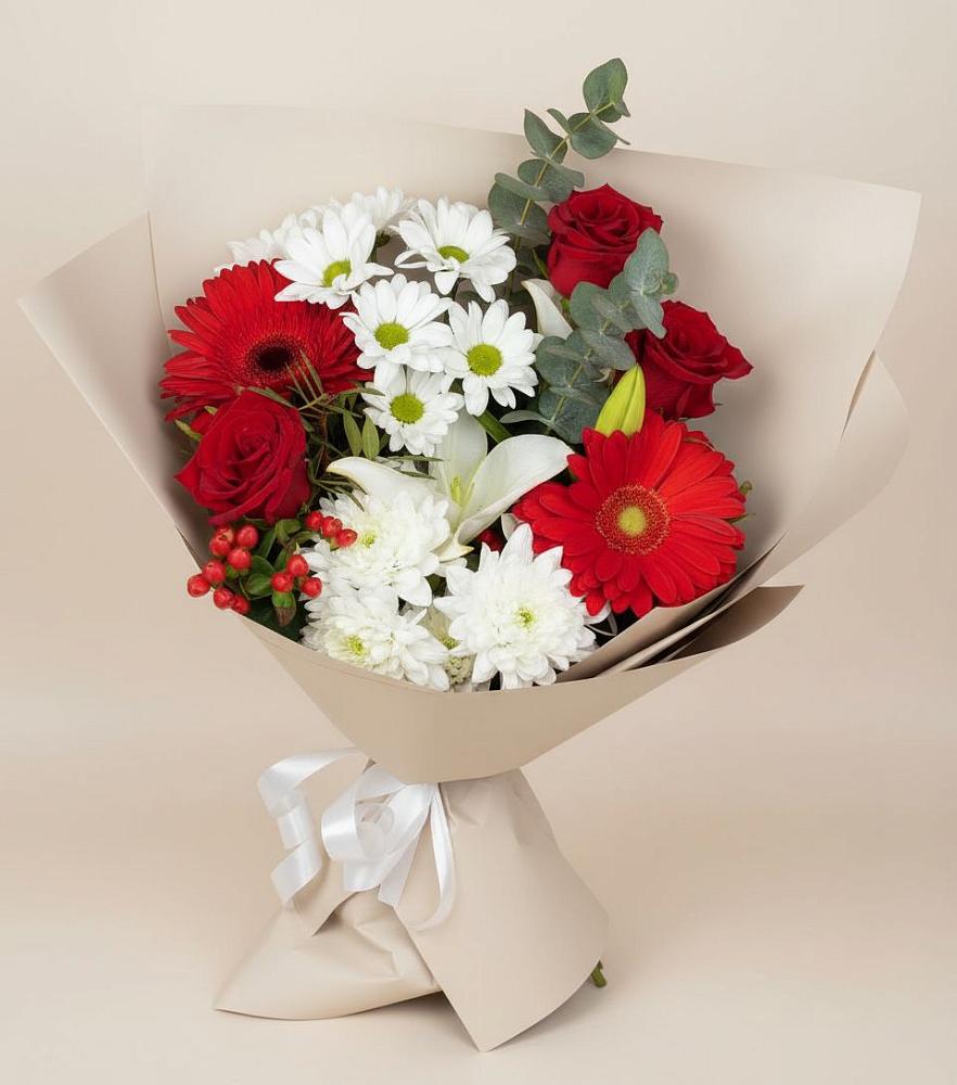 Букет цветов из: Розы, Хризантемы, Герберы и Лилии в Янино 1