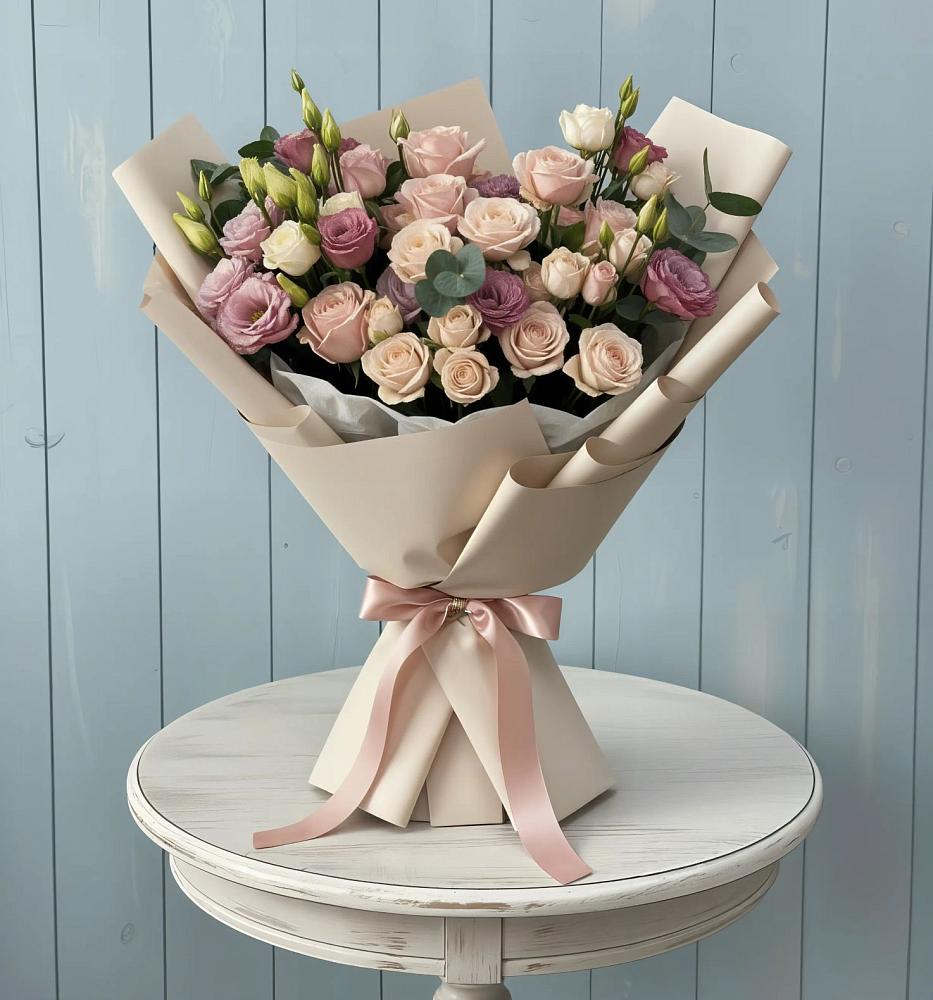 Букет цветов из: Розы и Лизиантусы в Янино 1