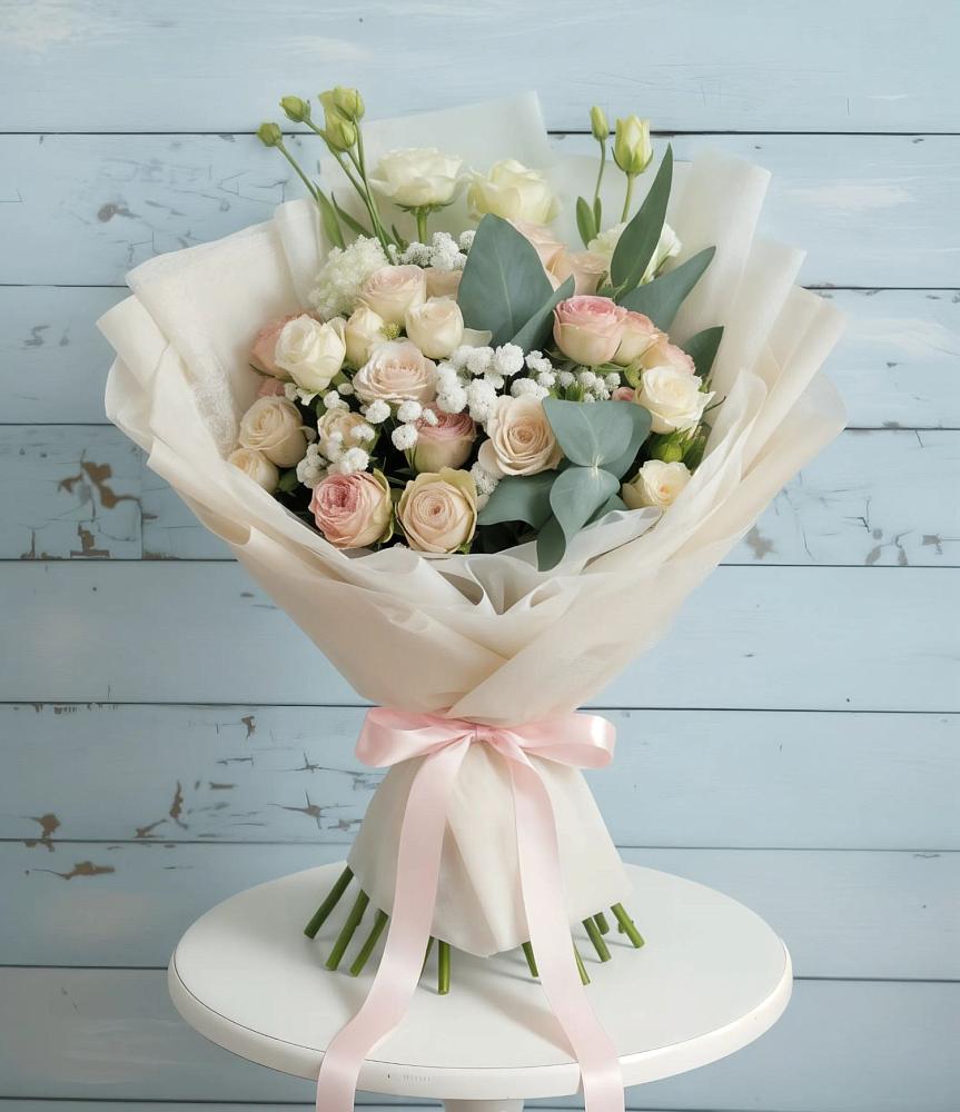 Букет цветов из: Розы и Лизиантусы в Янино 1